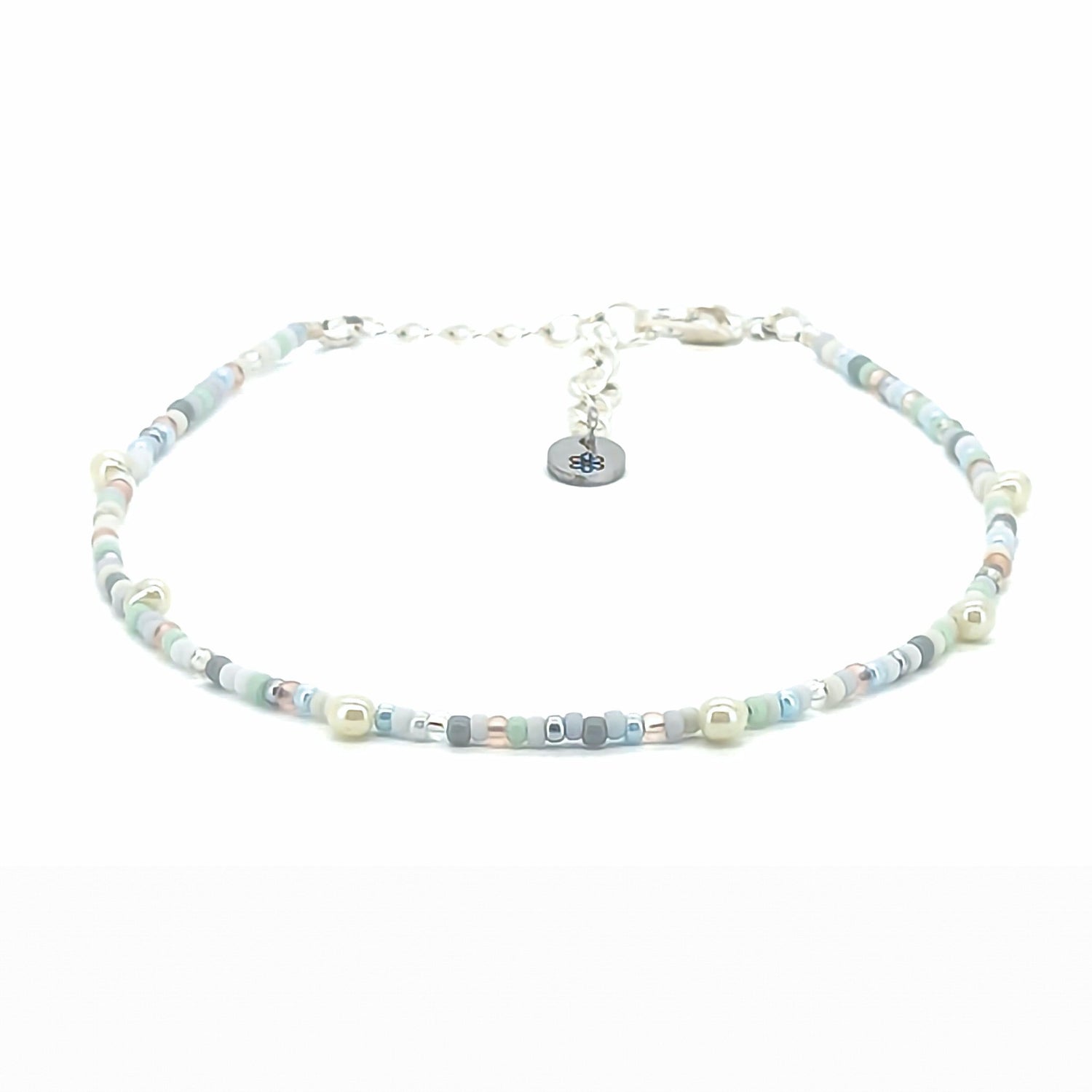 Anklet - Pale Blue, White, Silver w/ White Drop Beads - creations by cherie