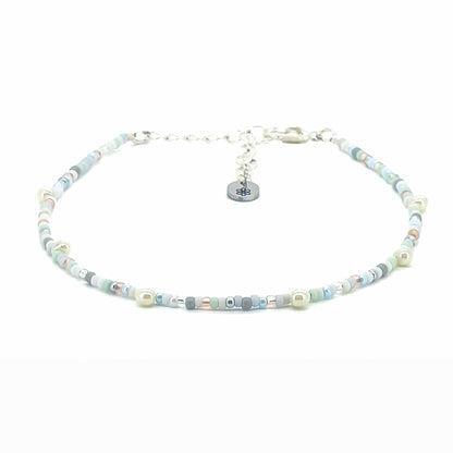 Anklet - Pale Blue, White, Silver w/ White Drop Beads - creations by cherie