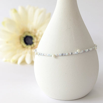 Anklet - Pale Blue, White, Silver w/ White Drop Beads - creations by cherie