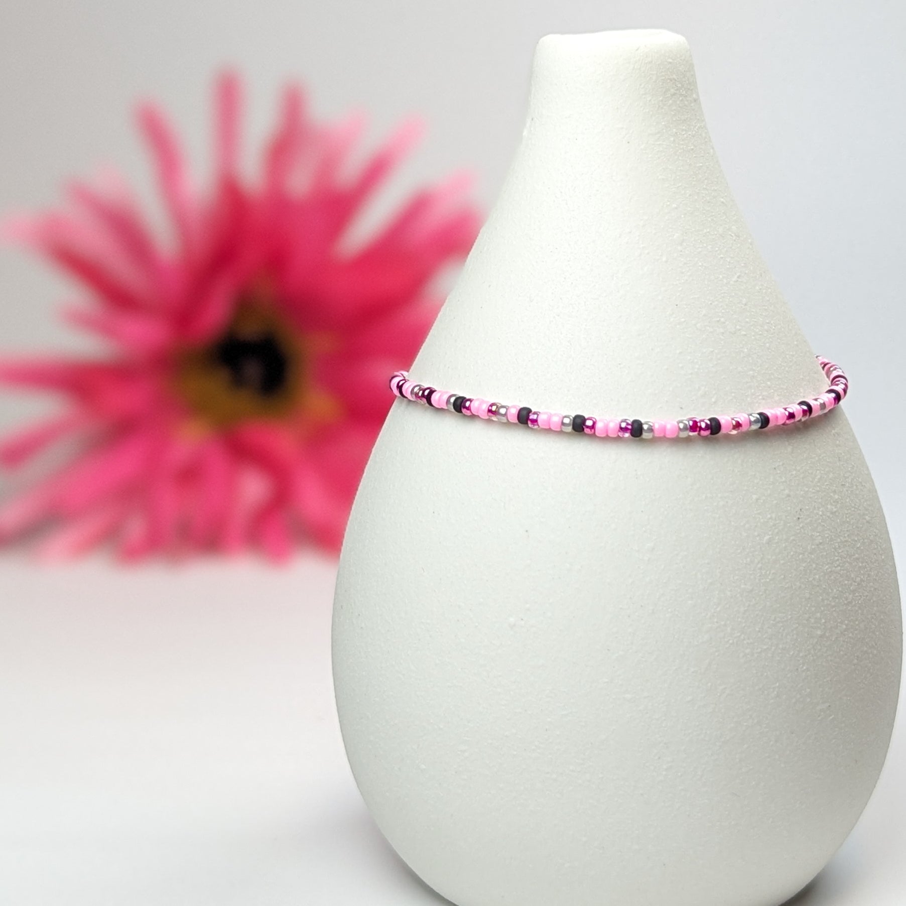 Dainty bracelet - Pink and Black seed bead bracelet - creations by cherie