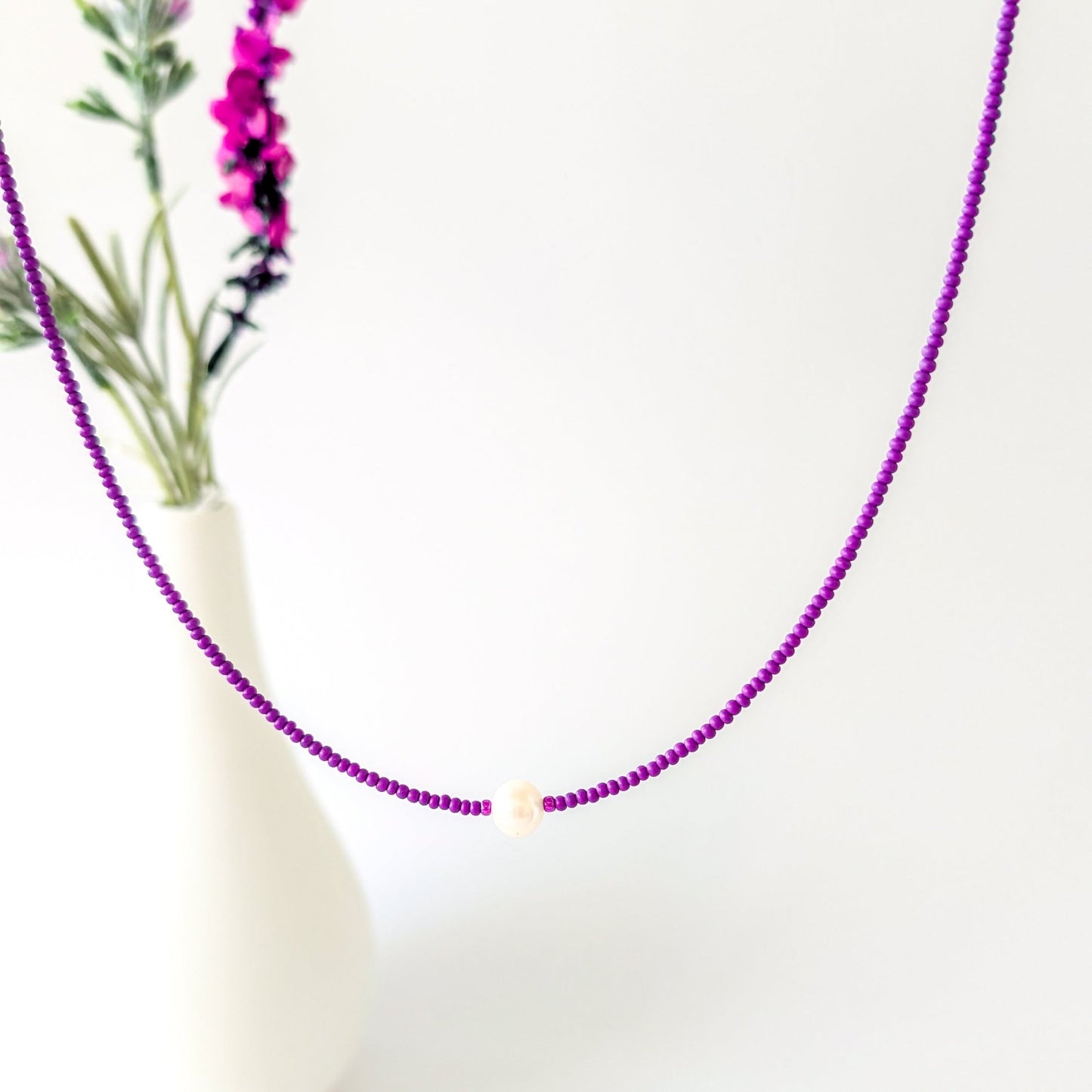 Single Pearl and Seed Bead Necklace - Purple - creations by cherie