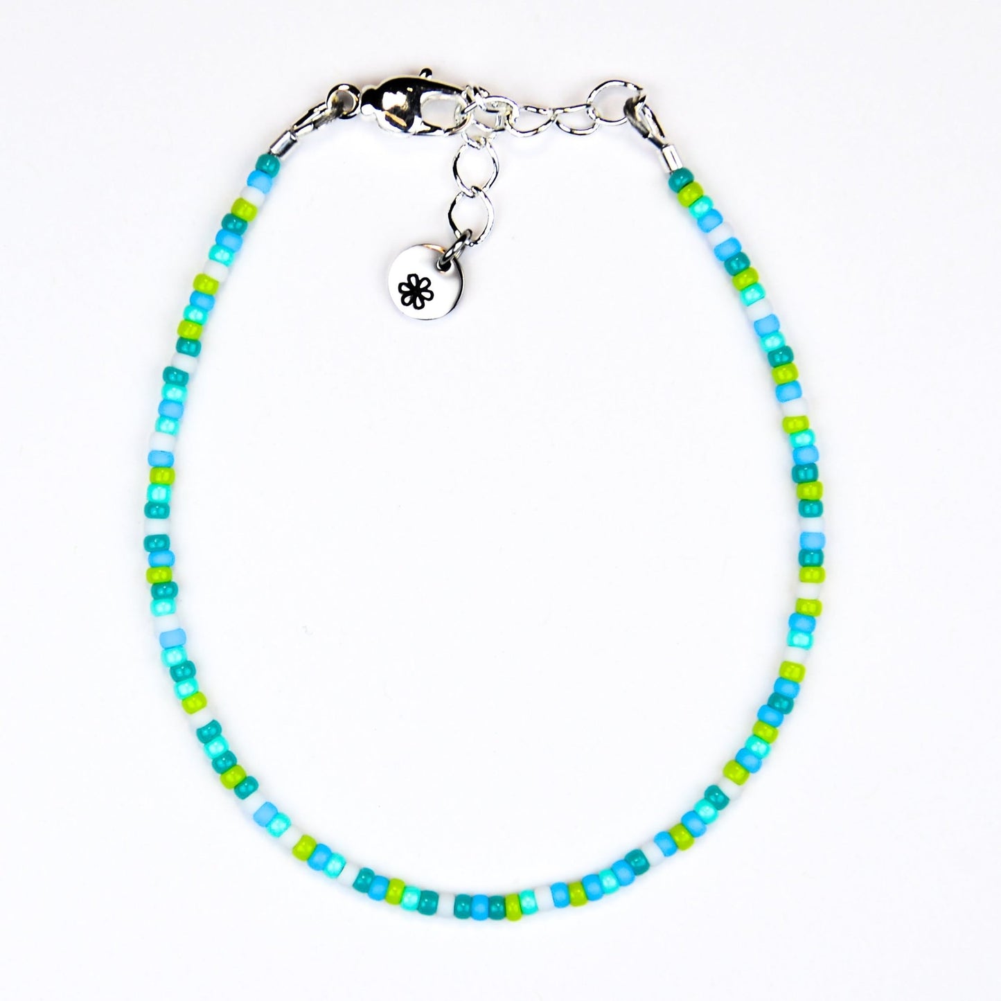 Dainty bracelet - green, blue and white seed beads - creations by cherie