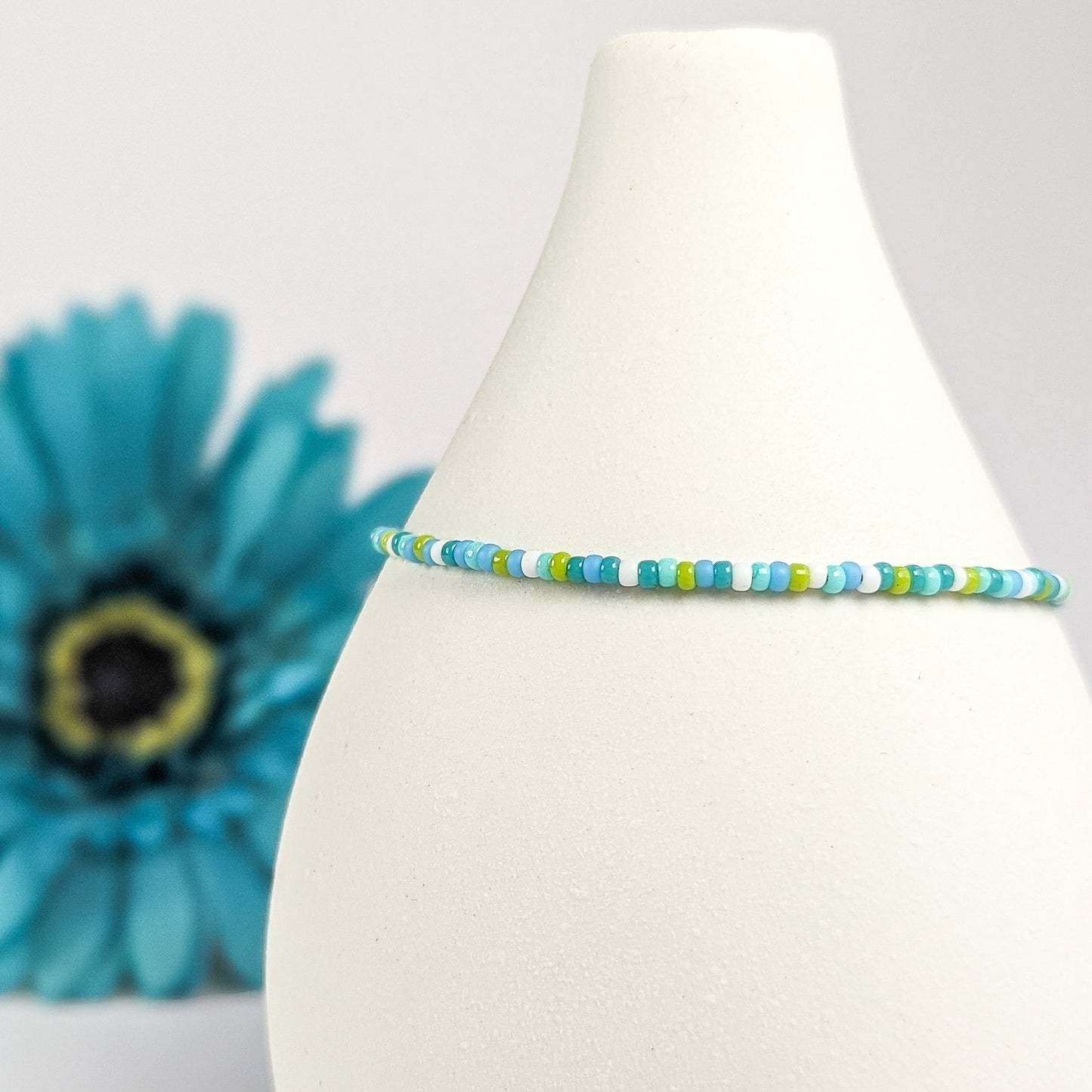 Dainty bracelet - green, blue and white seed beads - creations by cherie