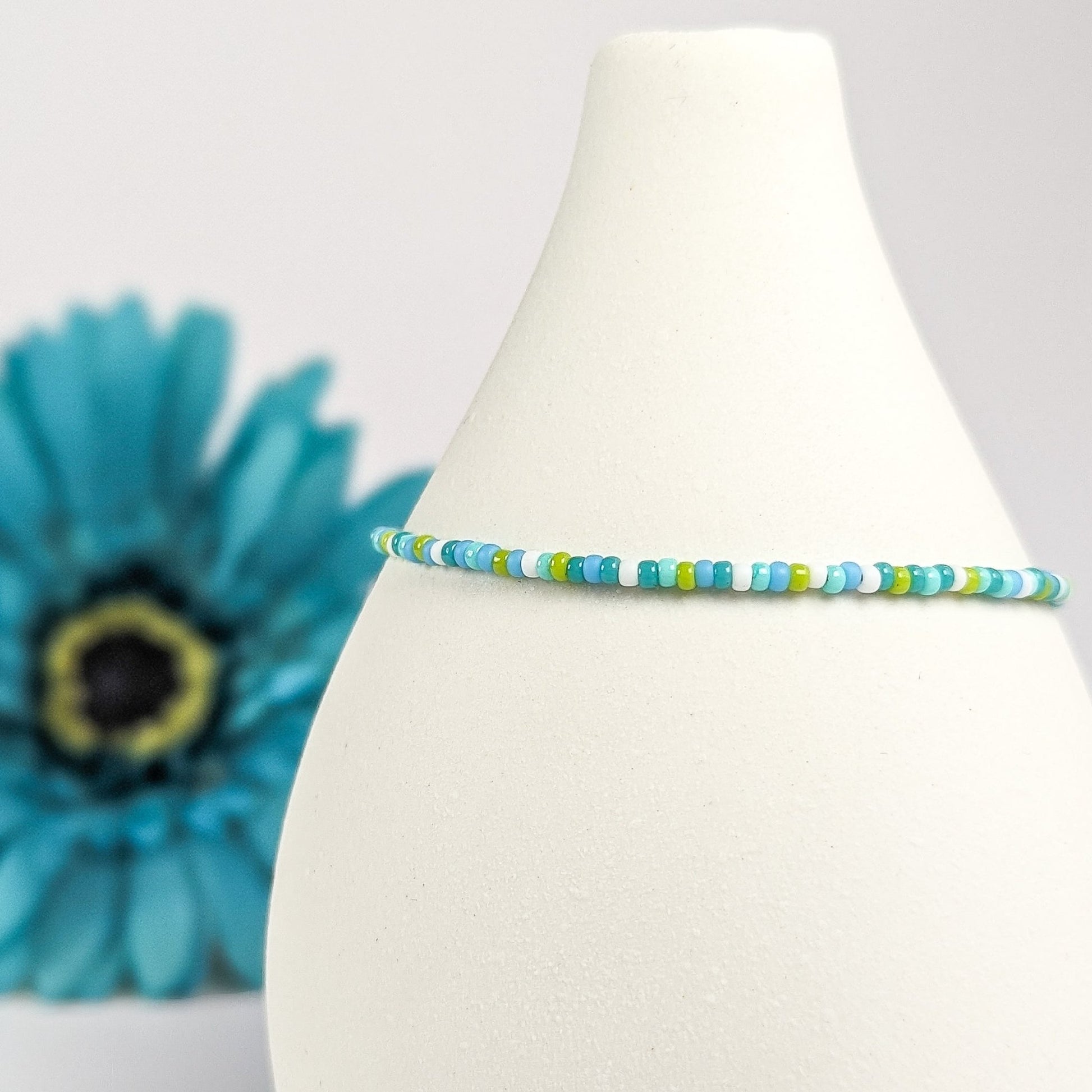 Dainty bracelet - green, blue and white seed beads - creations by cherie