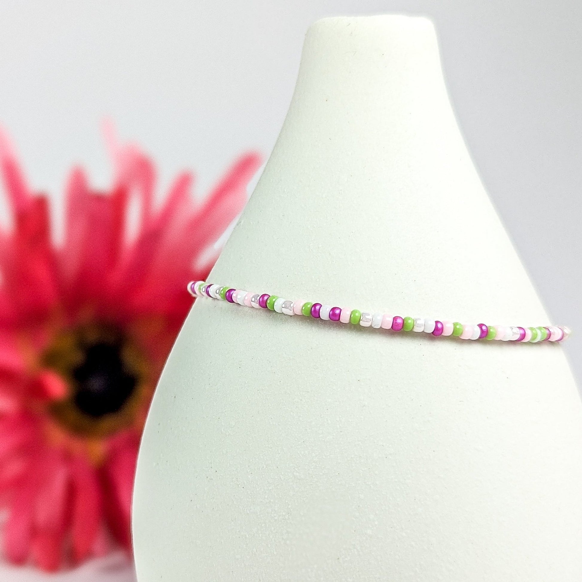 Dainty bracelet - pink, green and white seed beads - creations by cherie