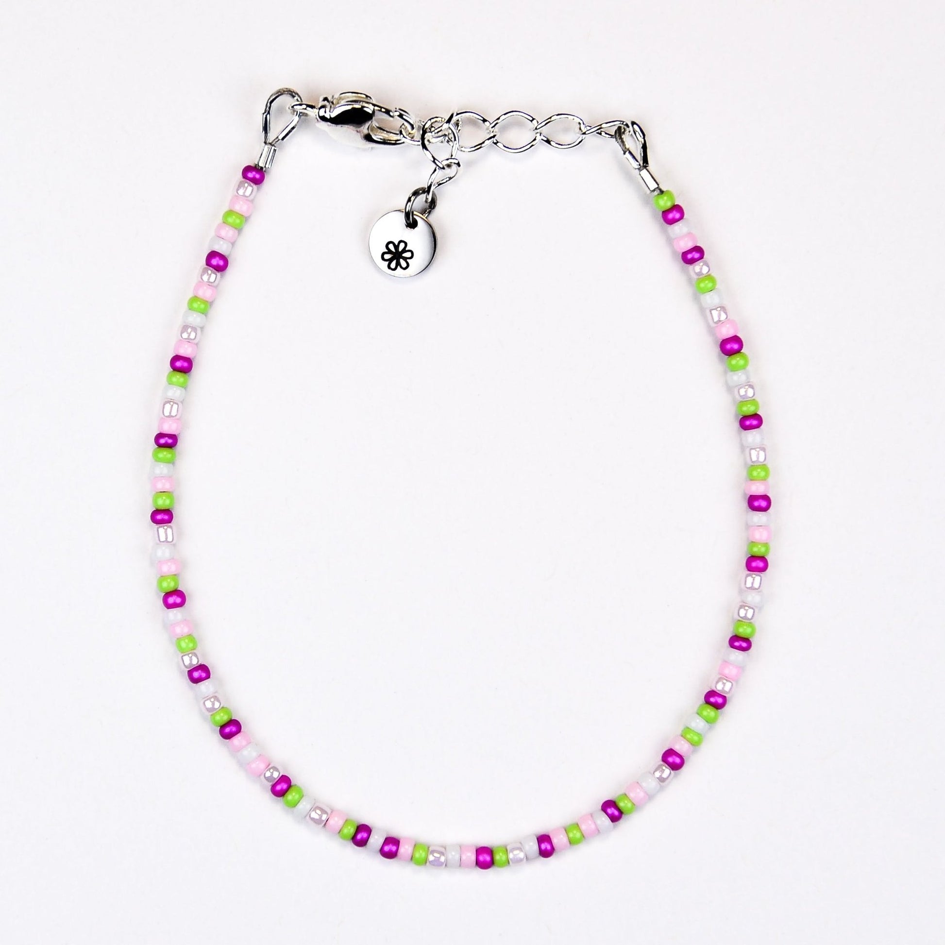 Dainty bracelet - pink, green and white seed beads - creations by cherie