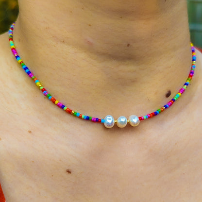 Rainbow seed bead and fresh water pearl choker - creations by cherie