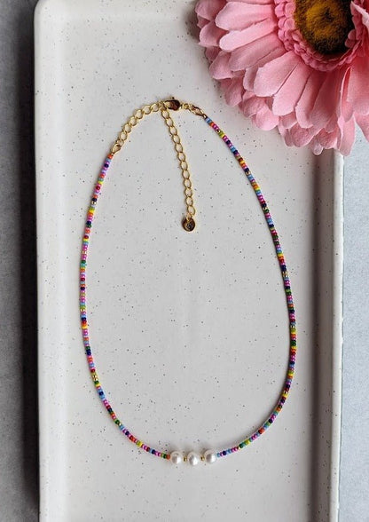 Rainbow seed bead and fresh water pearl choker - creations by cherie