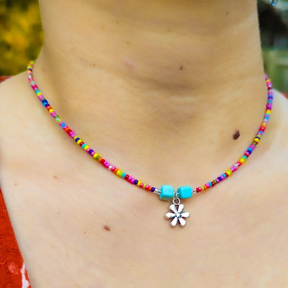 Rainbow seed bead and pewter flower charm choker - creations by cherie