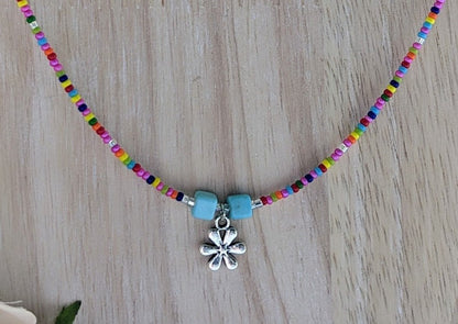 Rainbow seed bead and pewter flower charm choker - creations by cherie