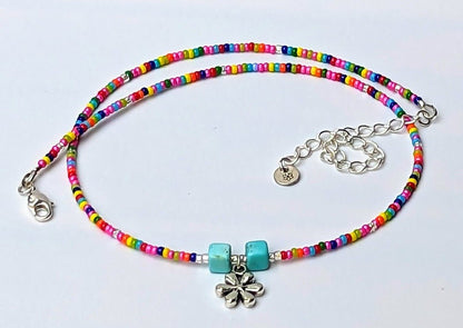 Rainbow seed bead and pewter flower charm choker - creations by cherie